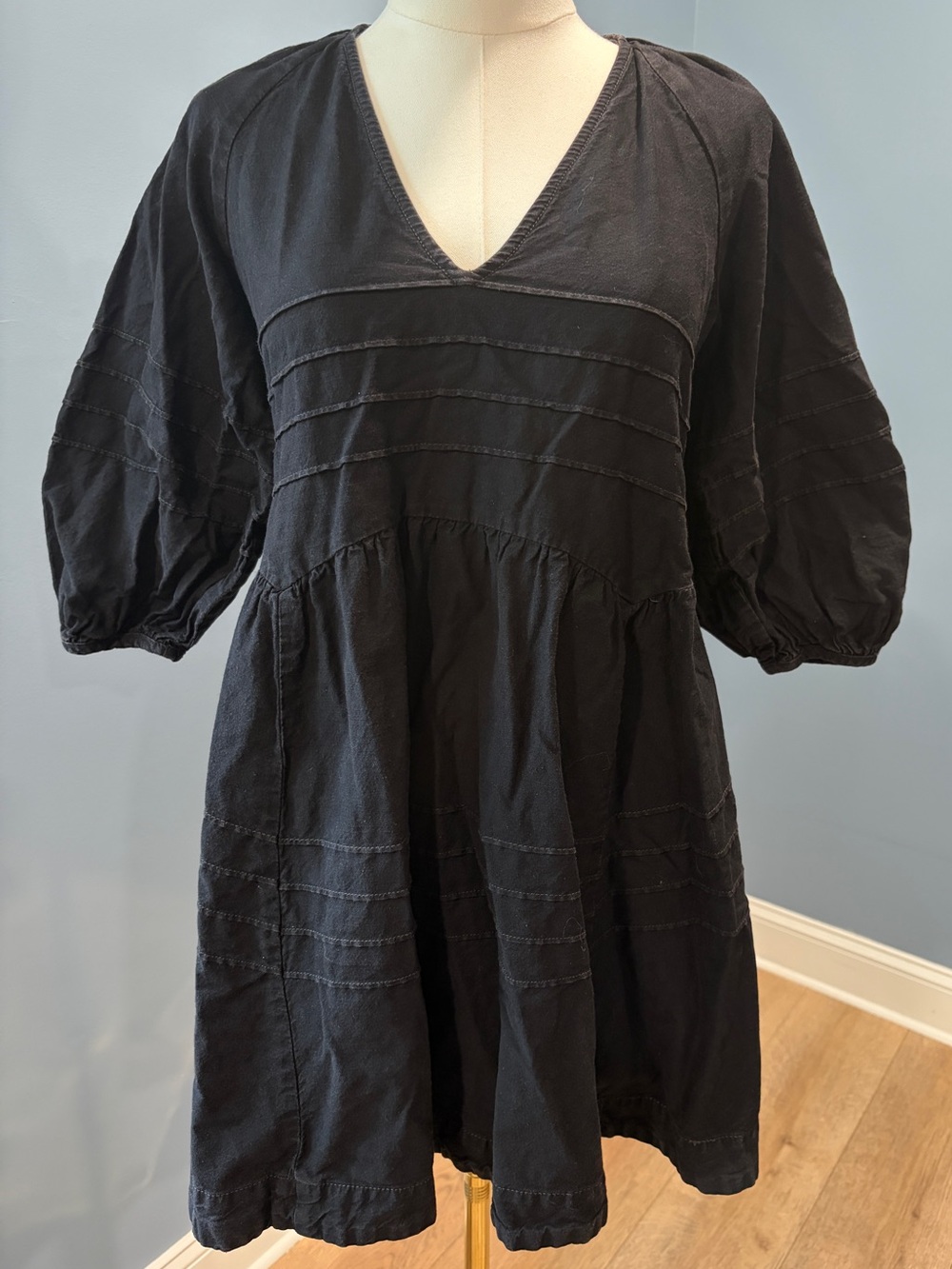 Free People Black Open Back Tie Mini Dress Balloon Sleeve Boho Size Small